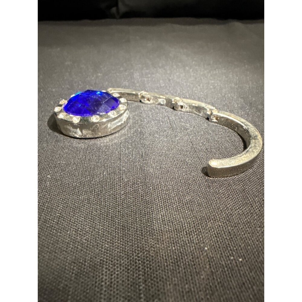 Silver Foldable Purse Hook With Blue Gem & Rhinestones - Picture 5 of 10